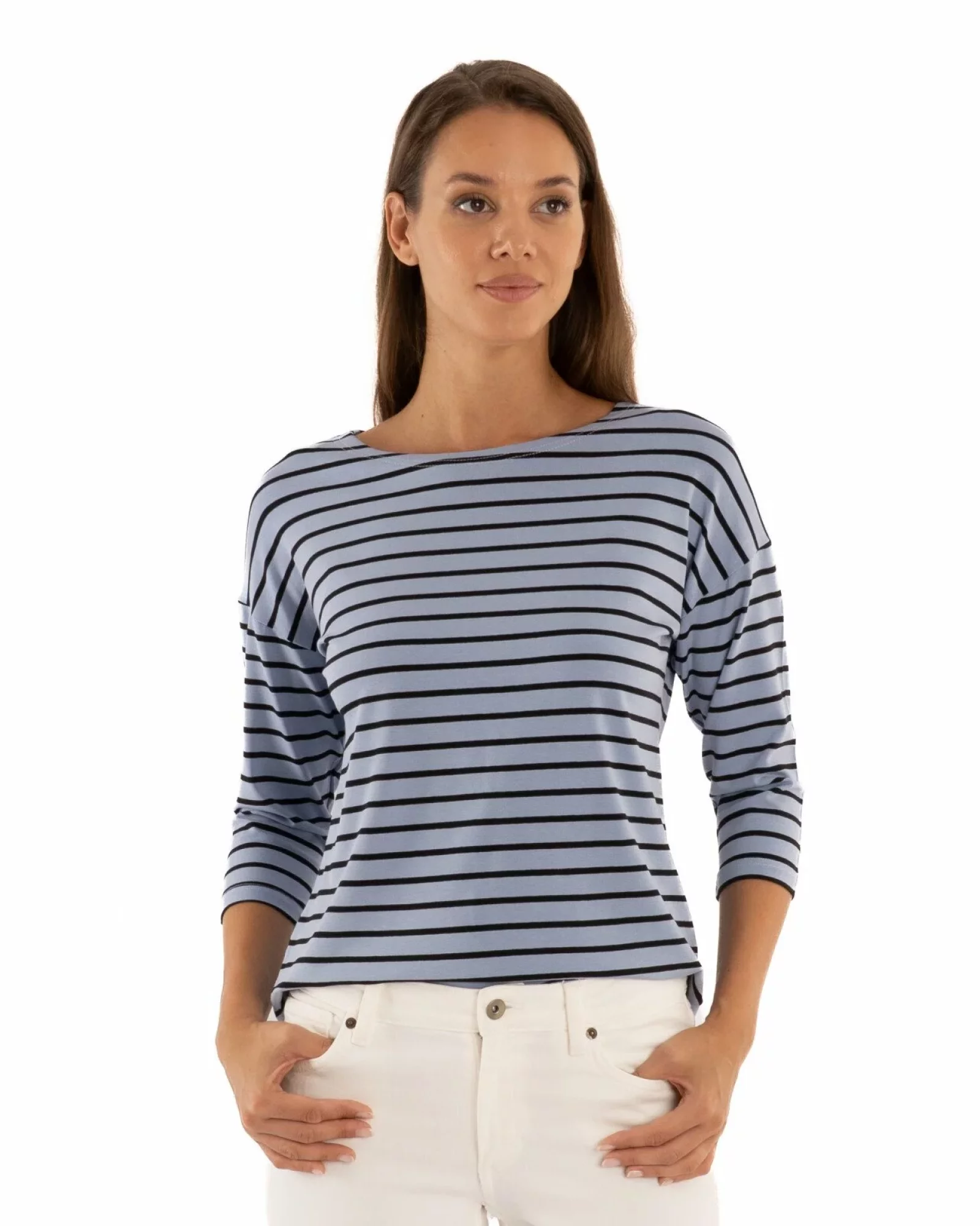 Bluza dungi albastru azur cu bleumarin