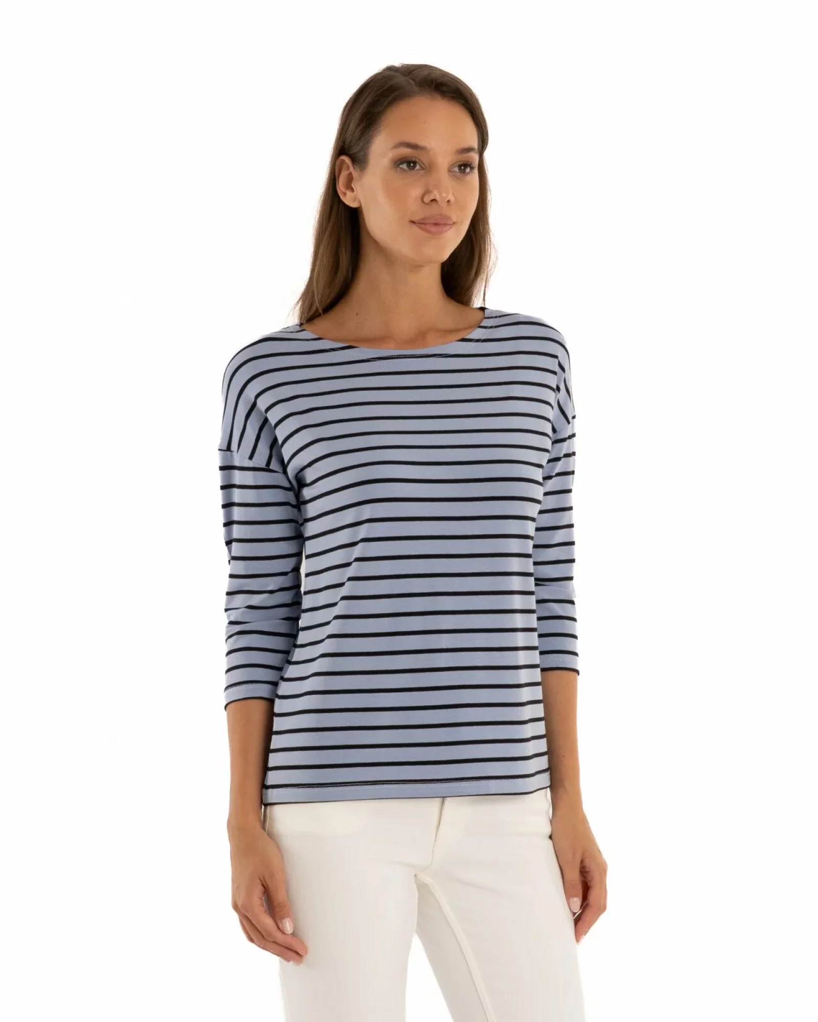 Bluza dungi albastru azur cu bleumarin