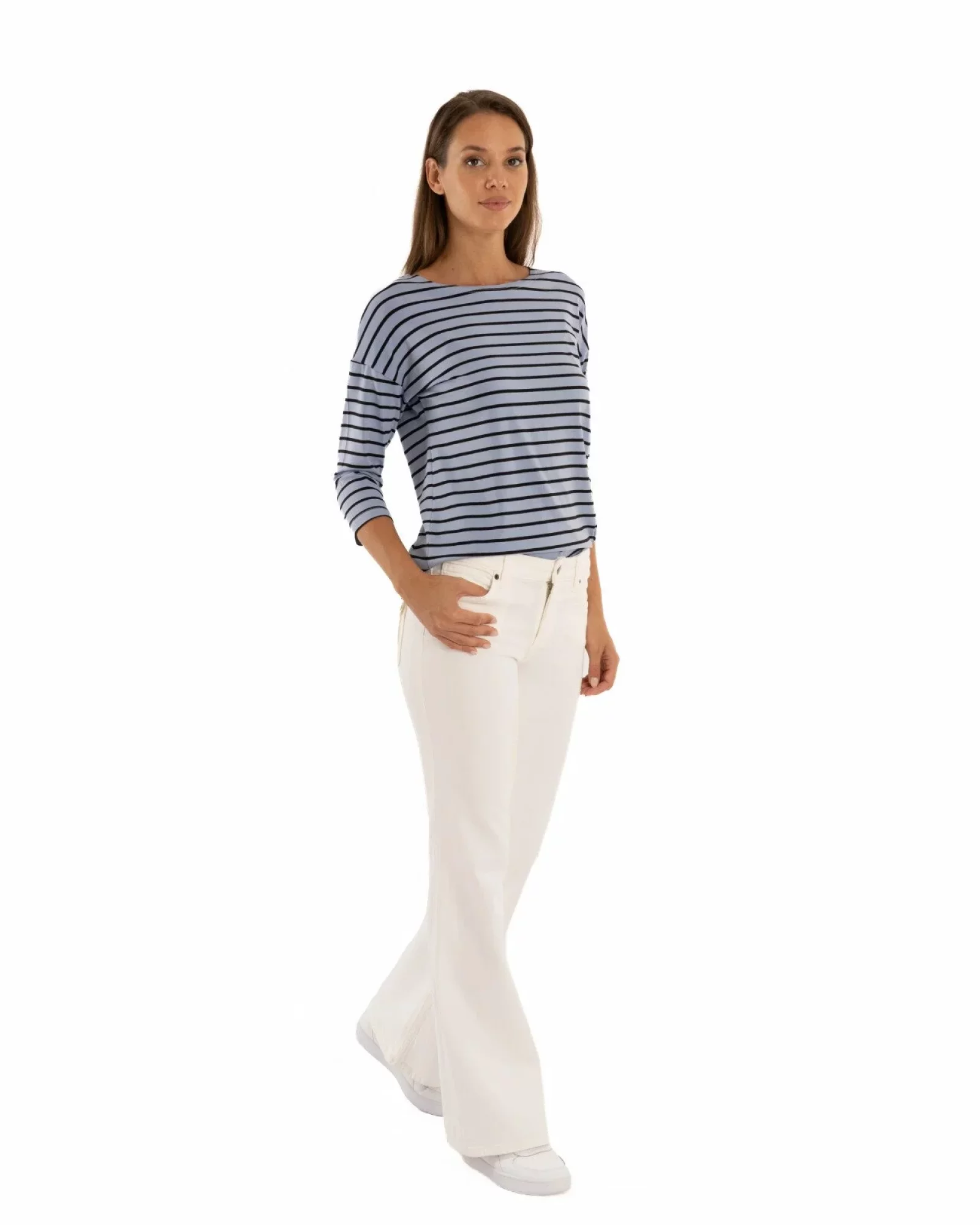 Bluza dungi albastru azur cu bleumarin