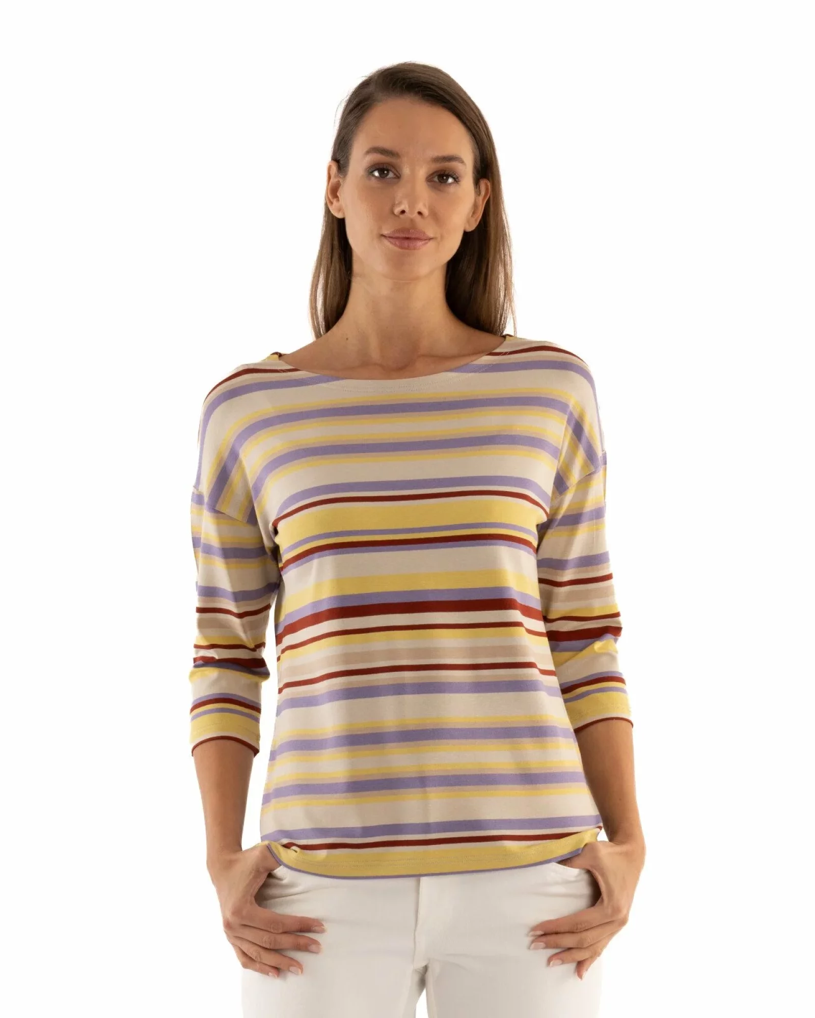 Bluza dungi bej cu mov