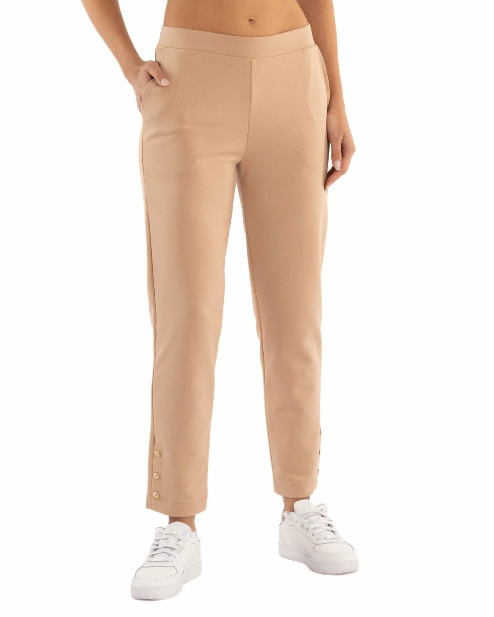 Pantaloni conici dama bej cu slit și nasturi P.2254