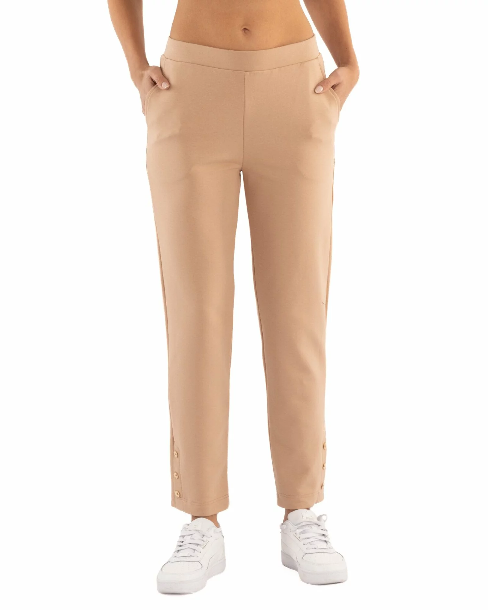 Pantaloni conici dama bej cu slit și nasturi P.2254