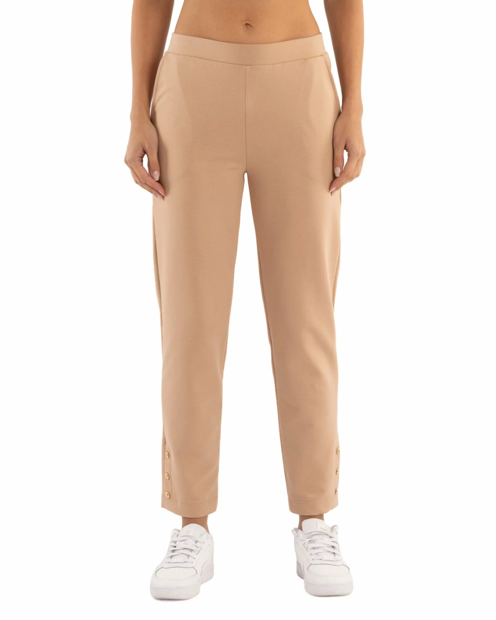Pantaloni conici dama bej cu slit și nasturi P.2254