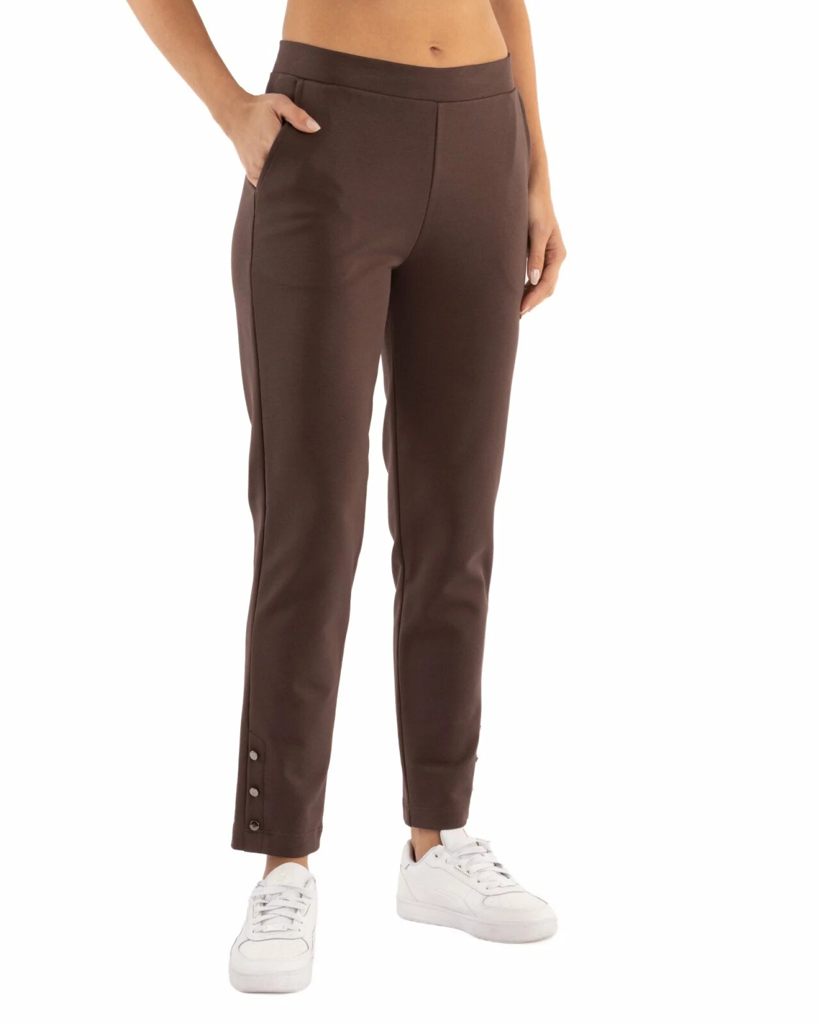 Pantaloni conici dama maro inchis cu slit și nasturi P.2254
