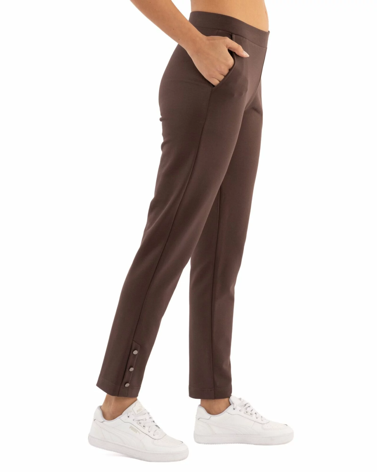 Pantaloni conici dama maro inchis cu slit și nasturi P.2254