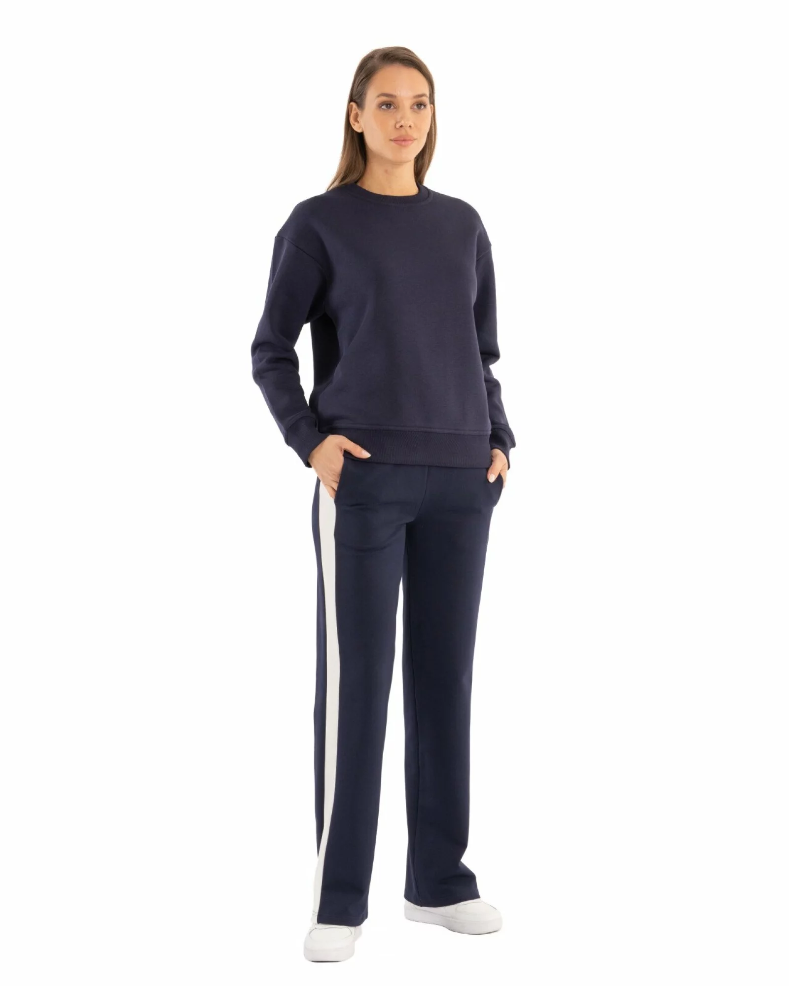 Pantaloni dama largi bleumarin cu insertie alba P.2271