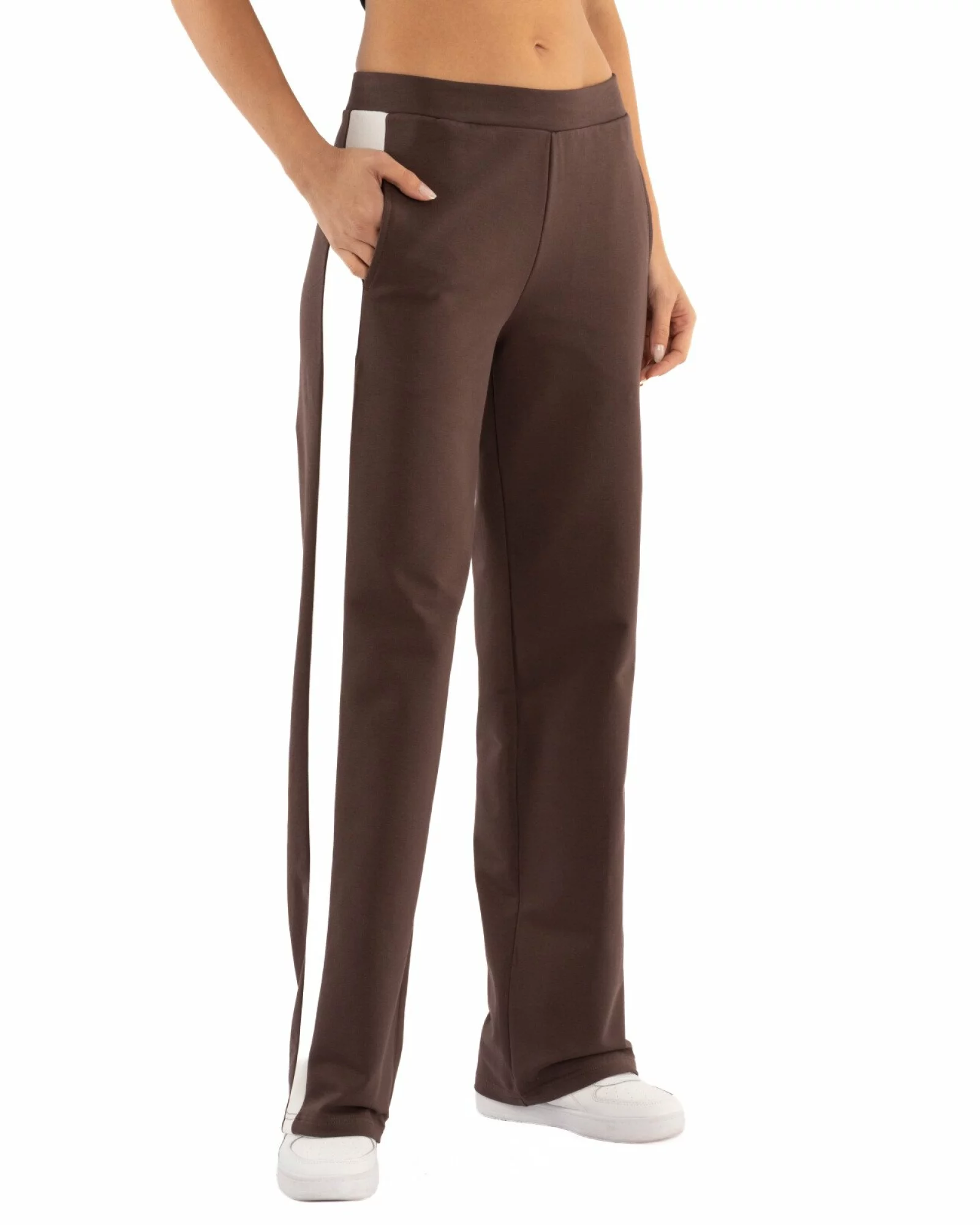 Pantaloni dama largi maro inchis cu insertie alba P.2271