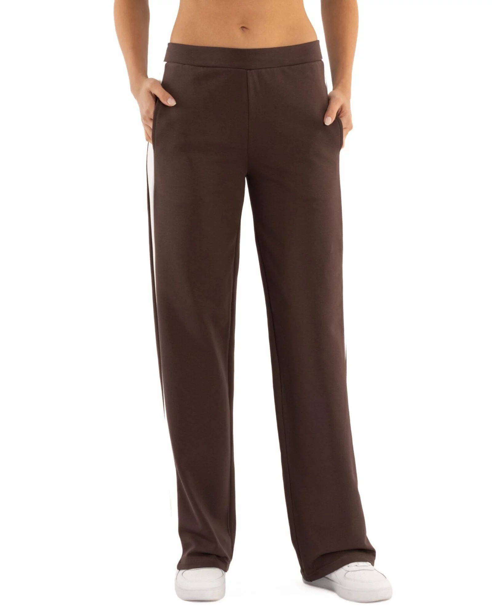 Pantaloni dama largi maro inchis cu insertie alba P.2271