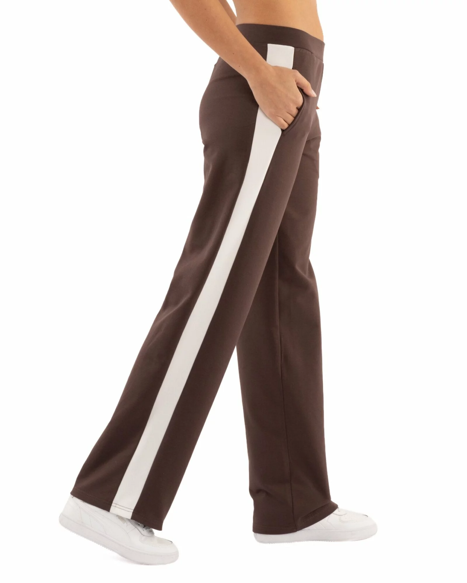 Pantaloni dama largi maro inchis cu insertie alba P.2271