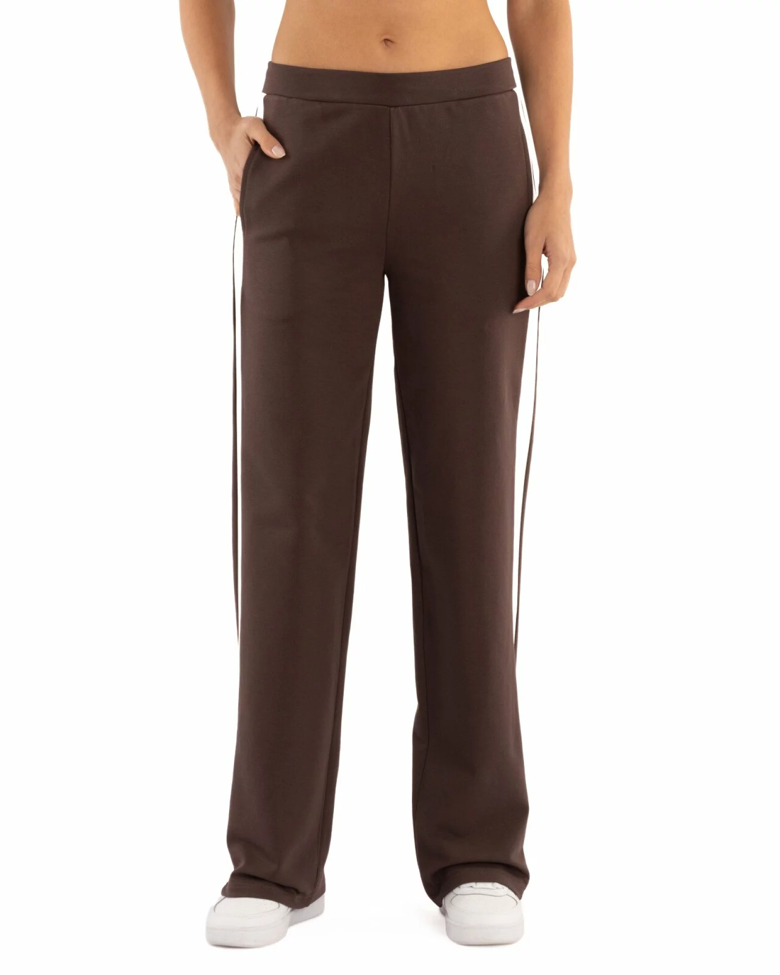 Pantaloni dama largi maro inchis cu insertie alba P.2271
