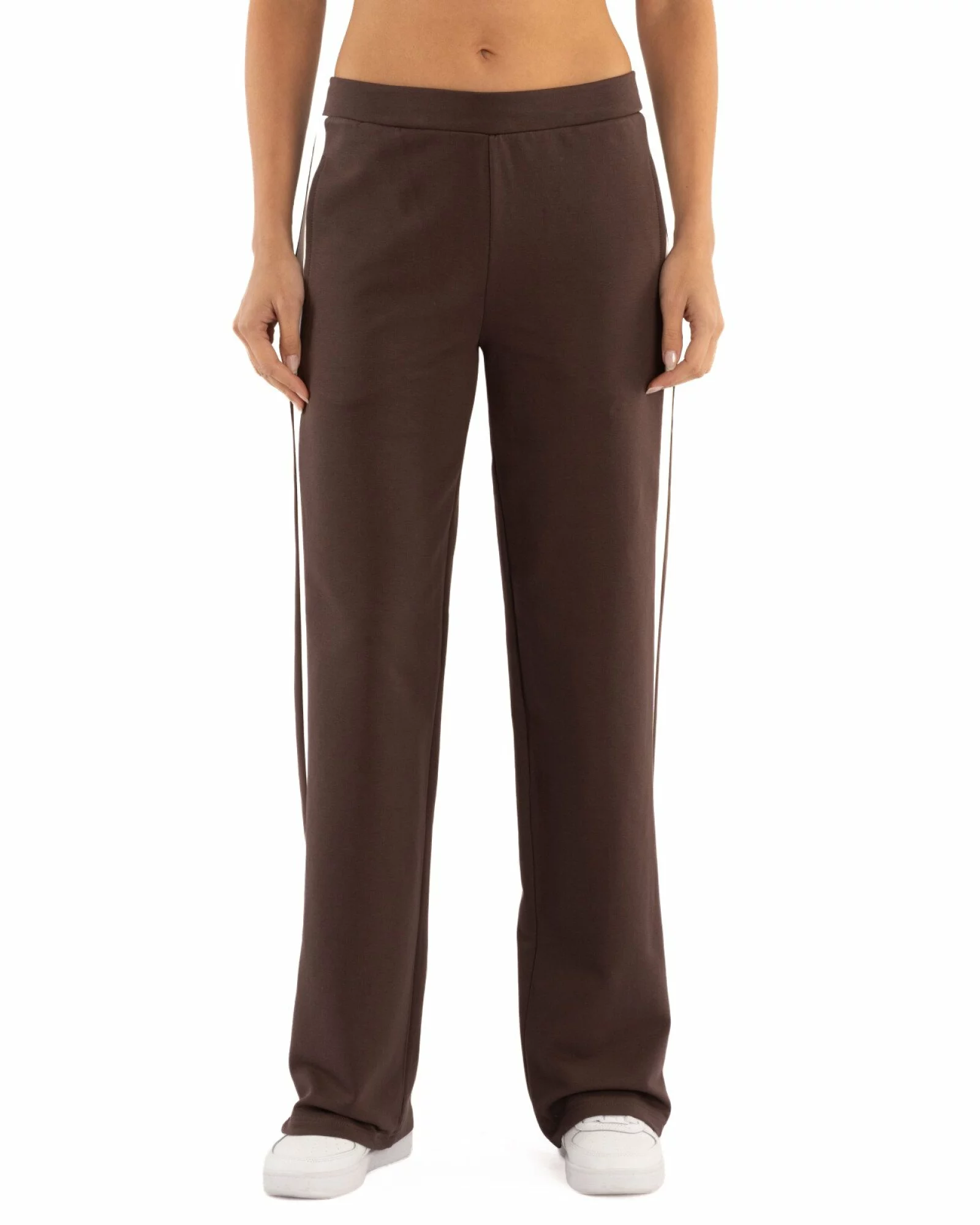 Pantaloni dama largi maro inchis cu insertie alba P.2271