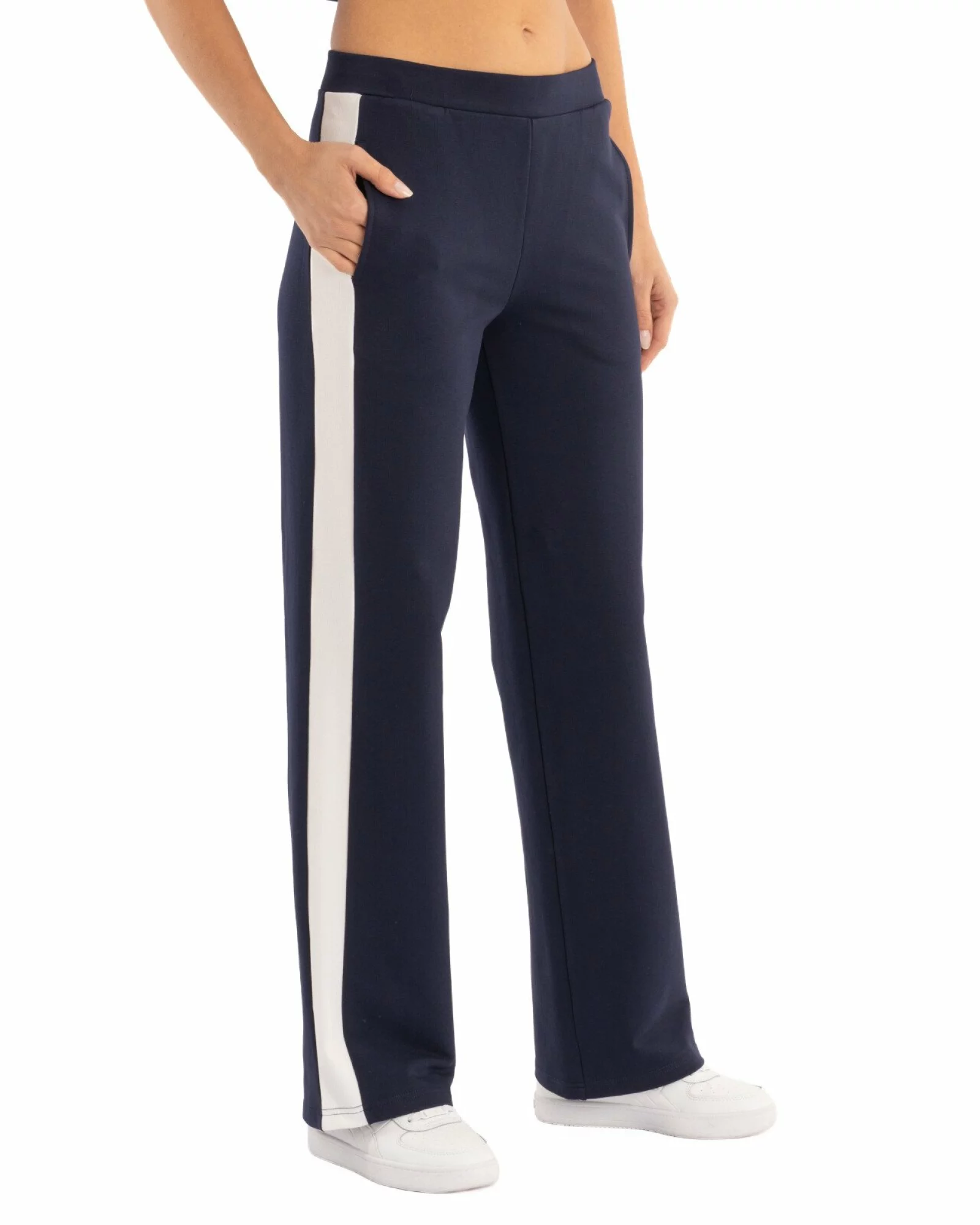 Pantaloni dama largi negri cu insertie alba P.2271