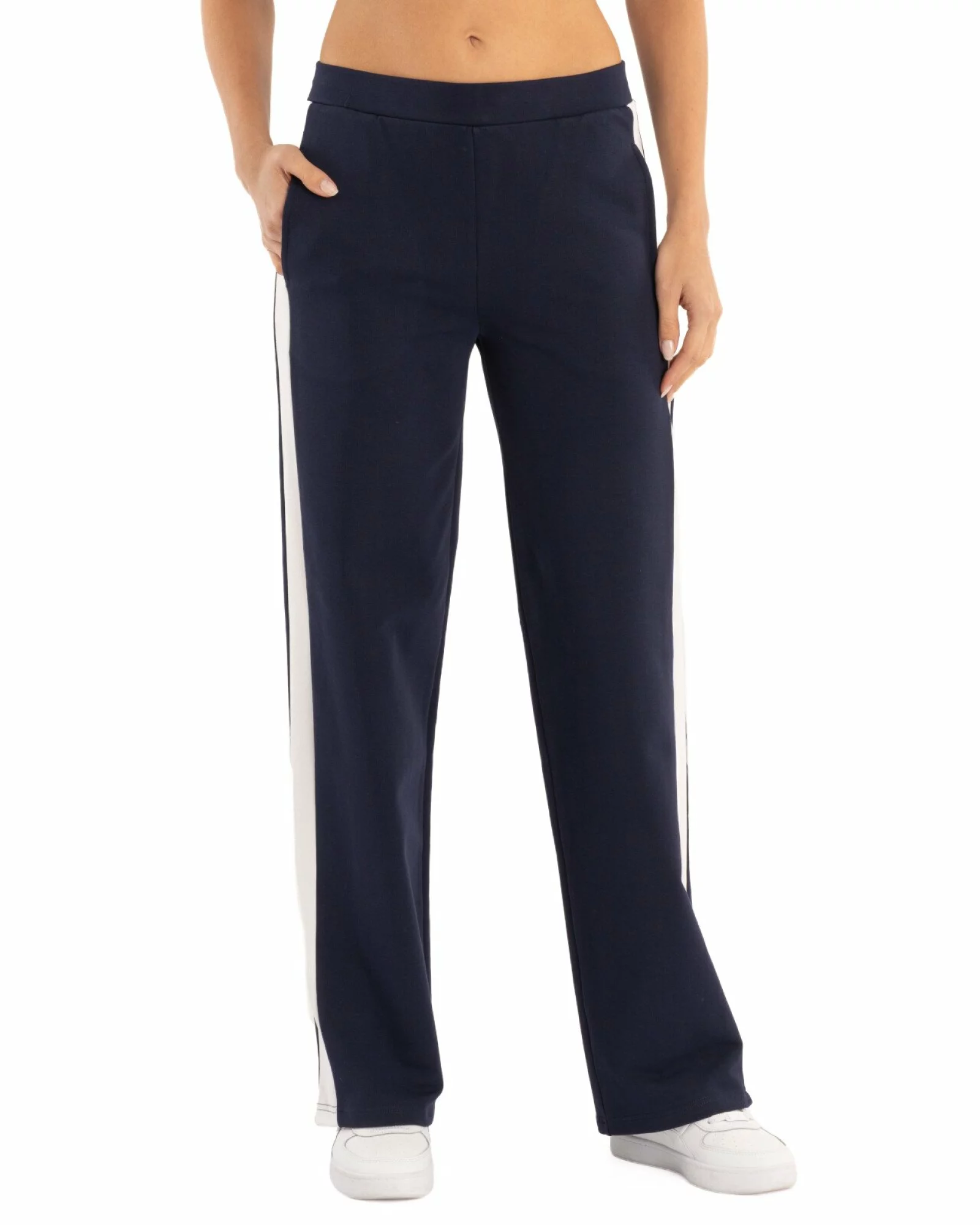 Pantaloni dama largi negri cu insertie alba P.2271