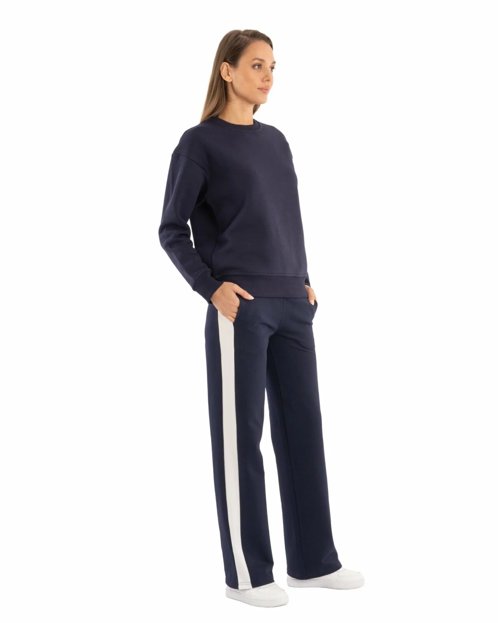 Pantaloni dama largi negri cu insertie alba P.2271