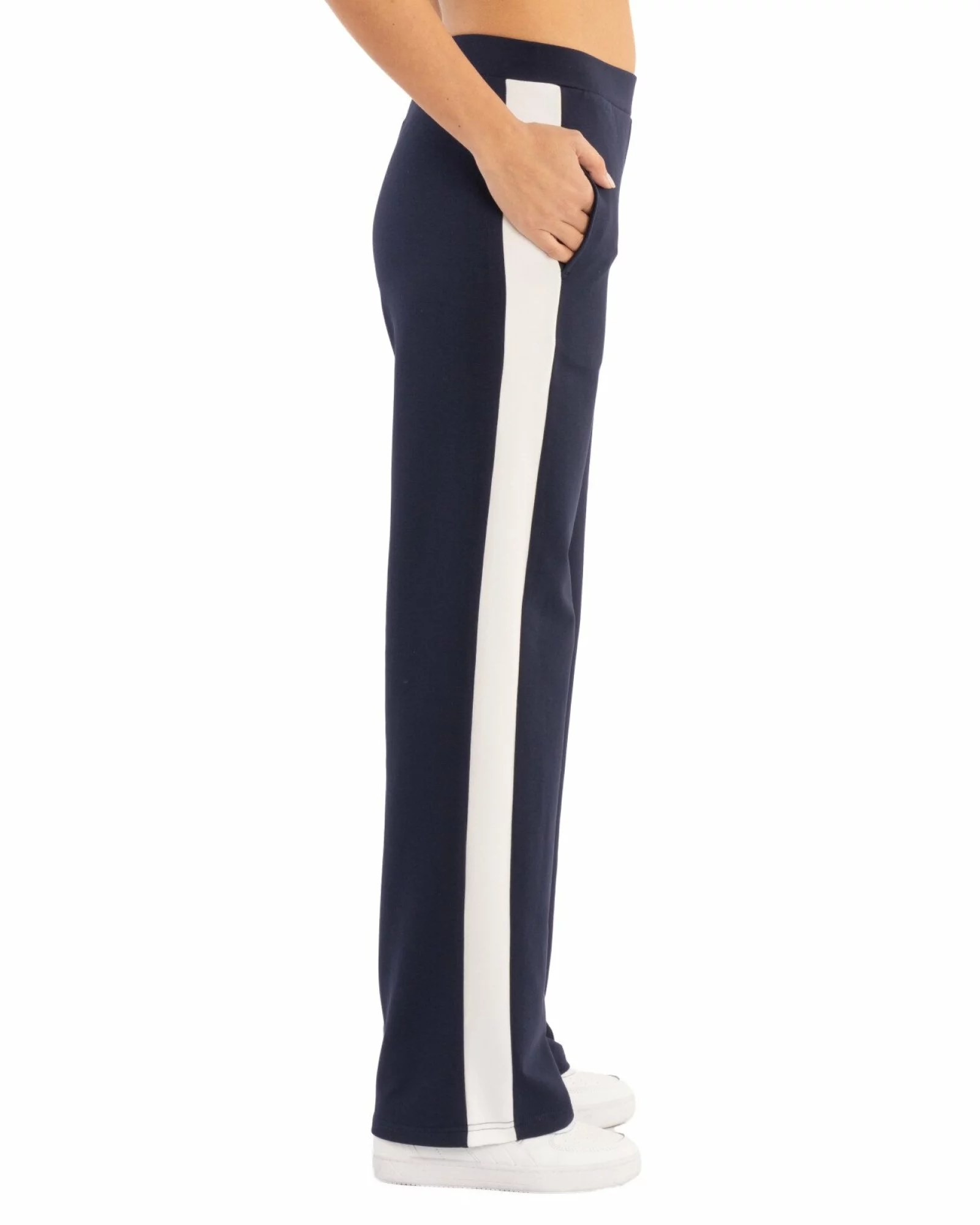 Pantaloni dama largi negri cu insertie alba P.2271