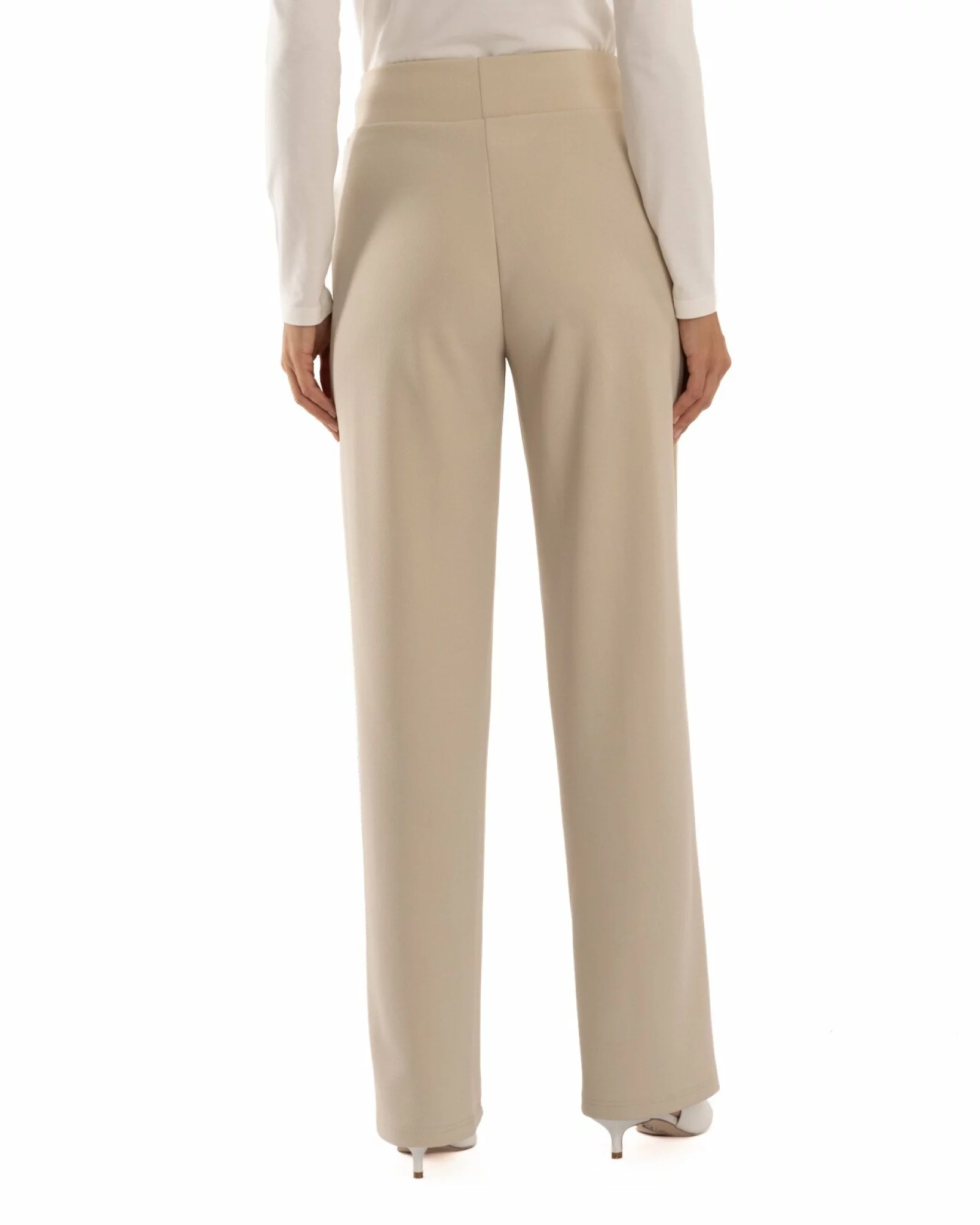 Pantaloni largi dama cu talie inalta bej P.2281