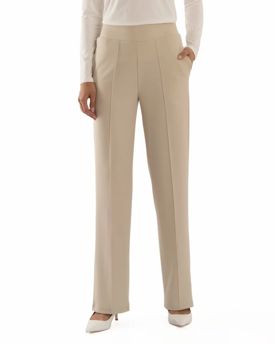 Pantaloni largi dama cu talie inalta bej P.2281