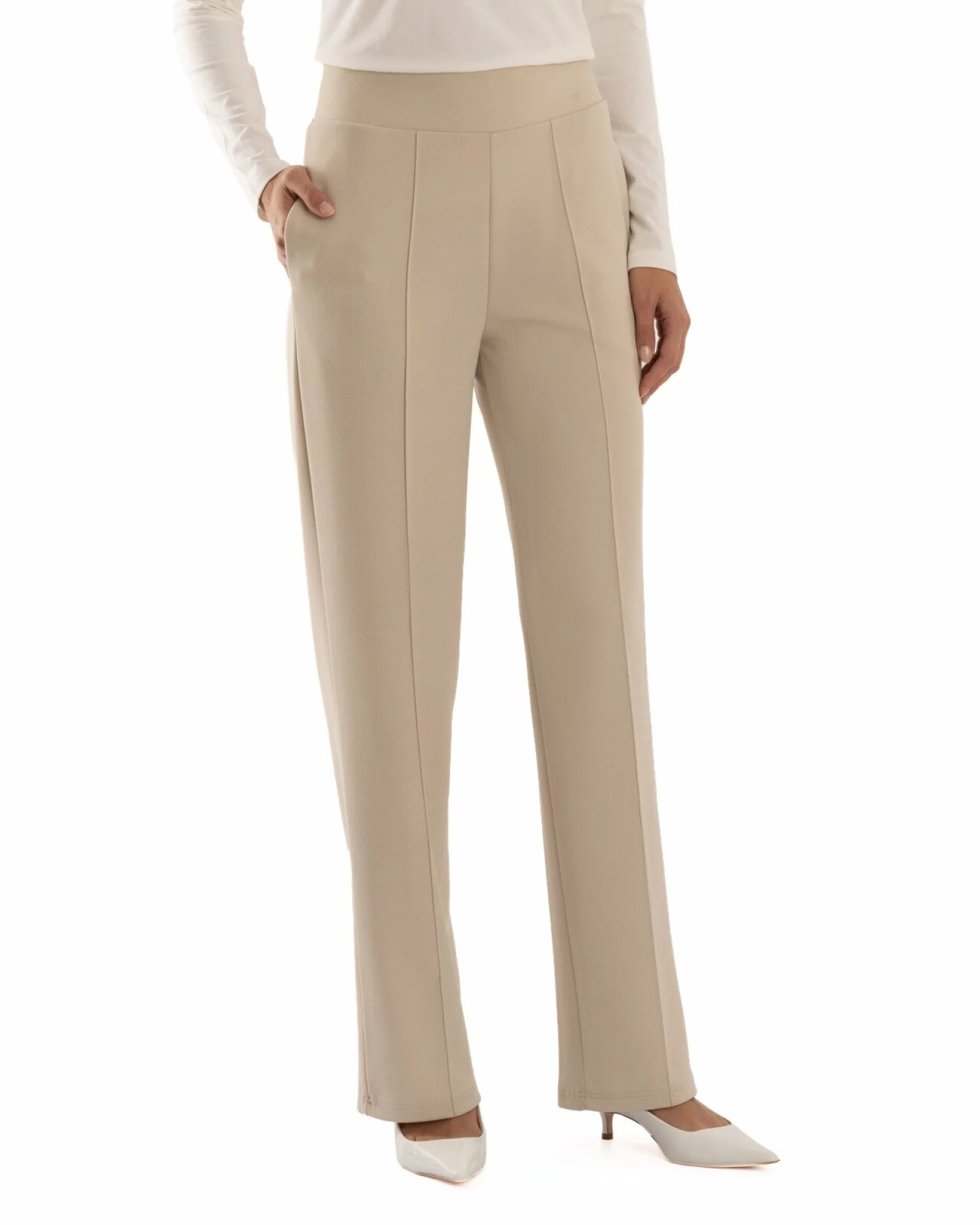 Pantaloni largi dama cu talie inalta bej P.2281
