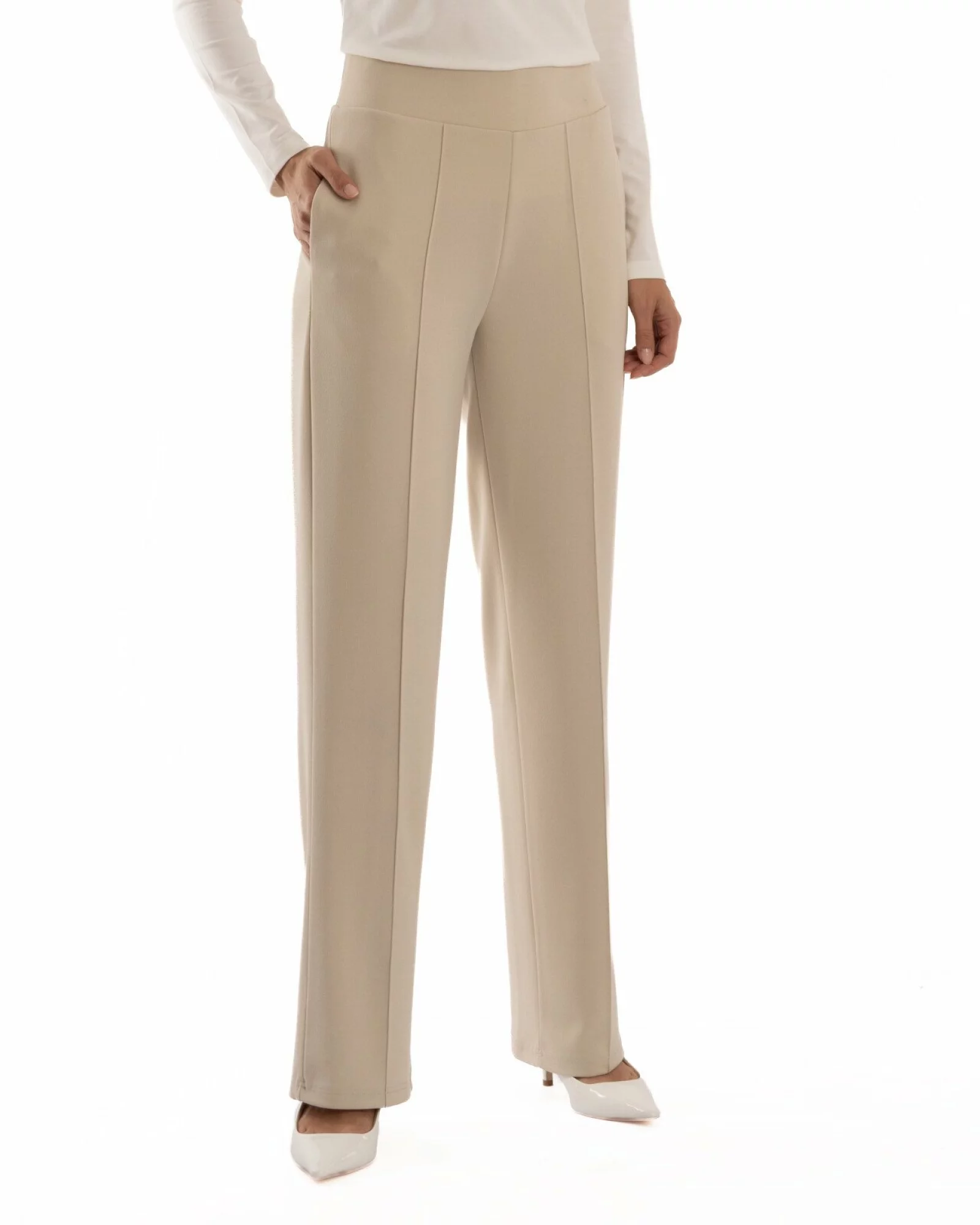 Pantaloni largi dama cu talie inalta bej P.2281