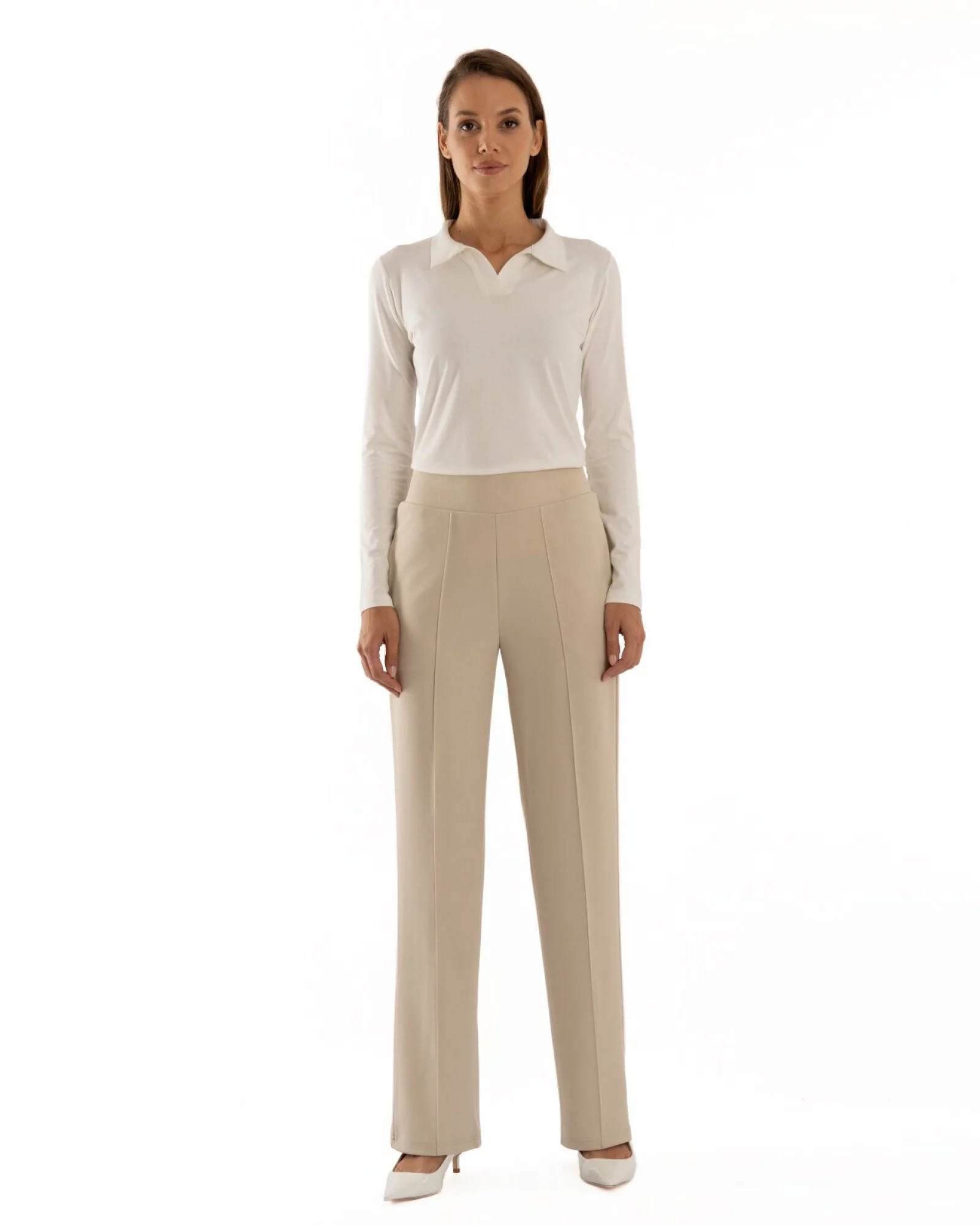 Pantaloni largi dama cu talie inalta bej P.2281