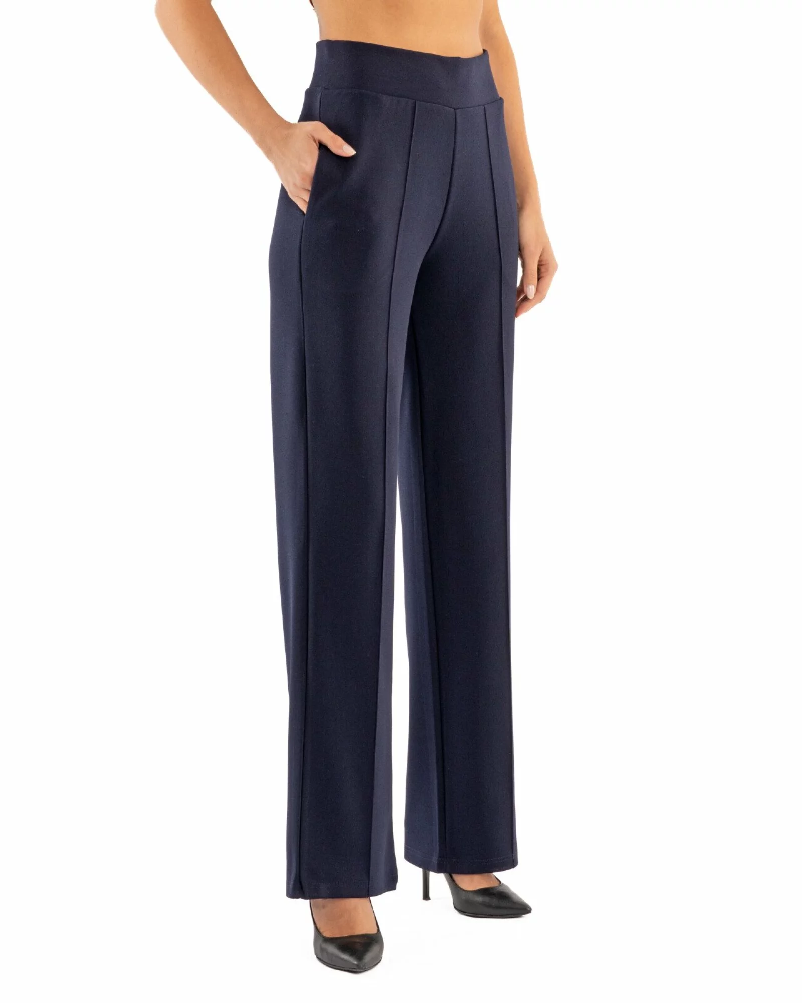 Pantaloni largi dama cu talie inalta bleumarin P.2281