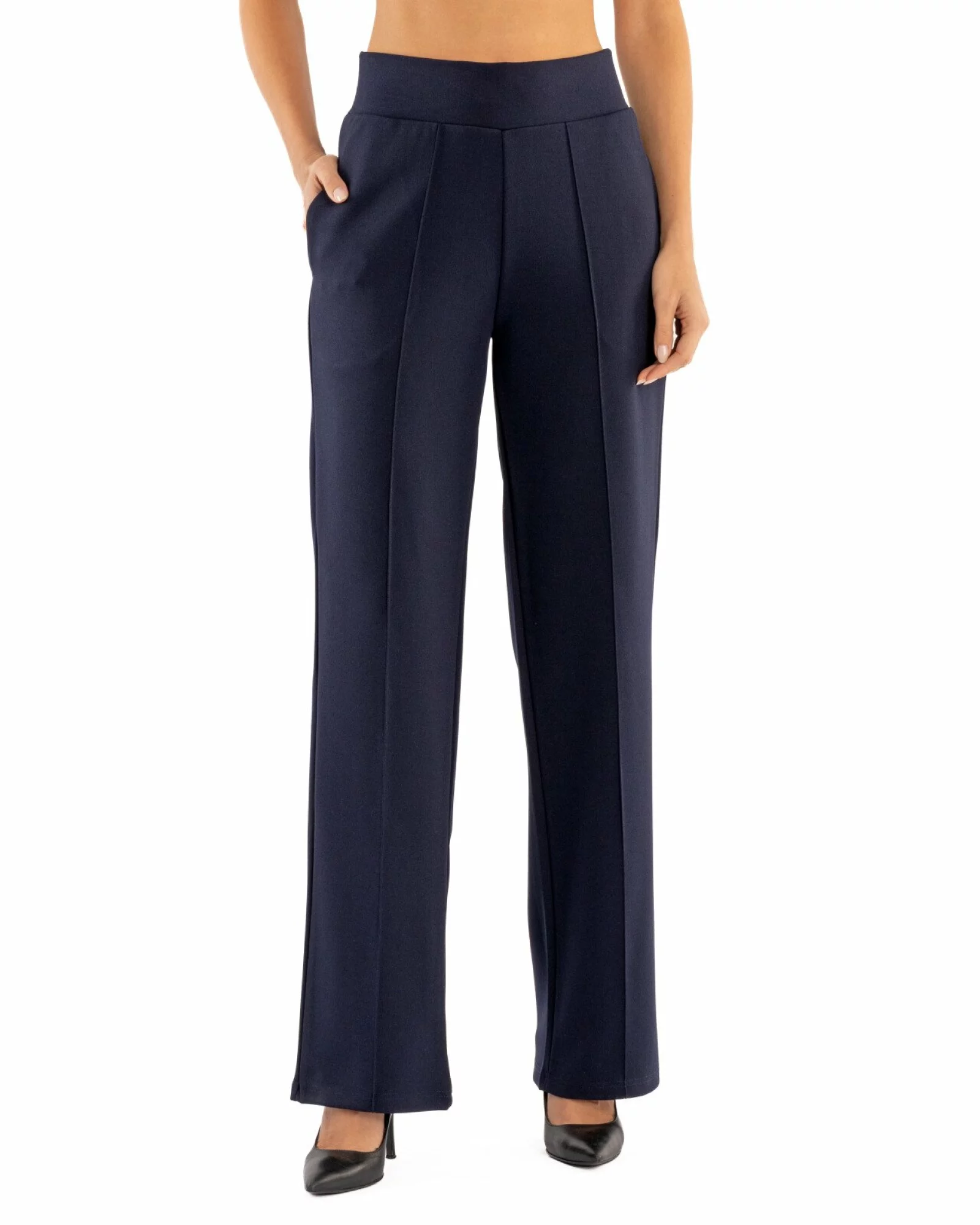 Pantaloni largi dama cu talie inalta bleumarin P.2281