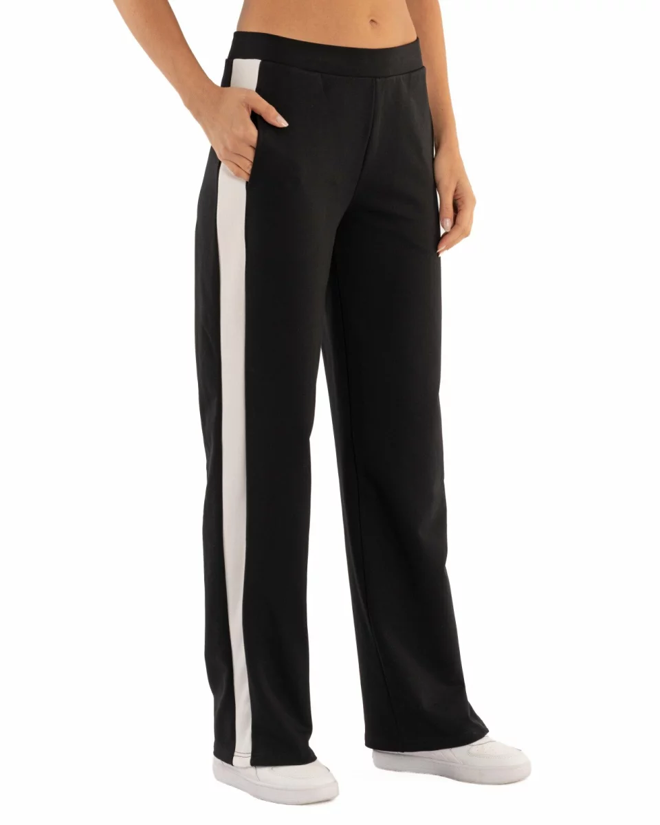 Pantaloni dama largi negri cu insertie alba P.2271