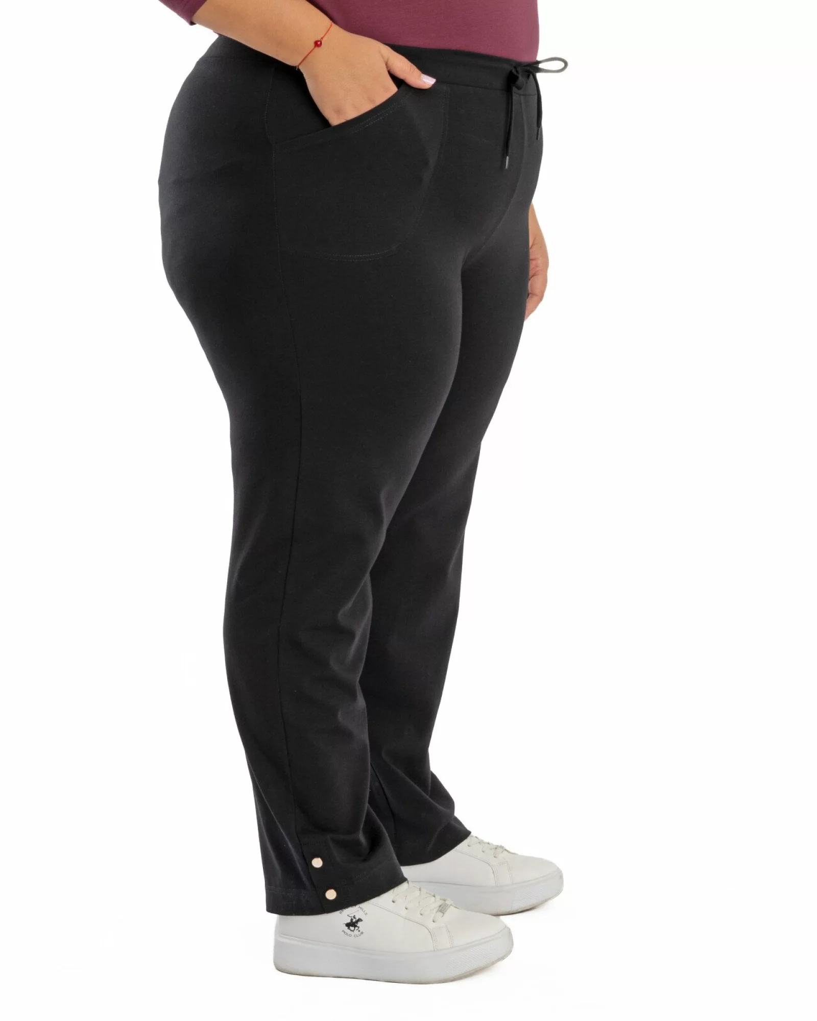 Pantaloni subtiri de vara dama marimi mari negri cu slit si nasturi P.2274