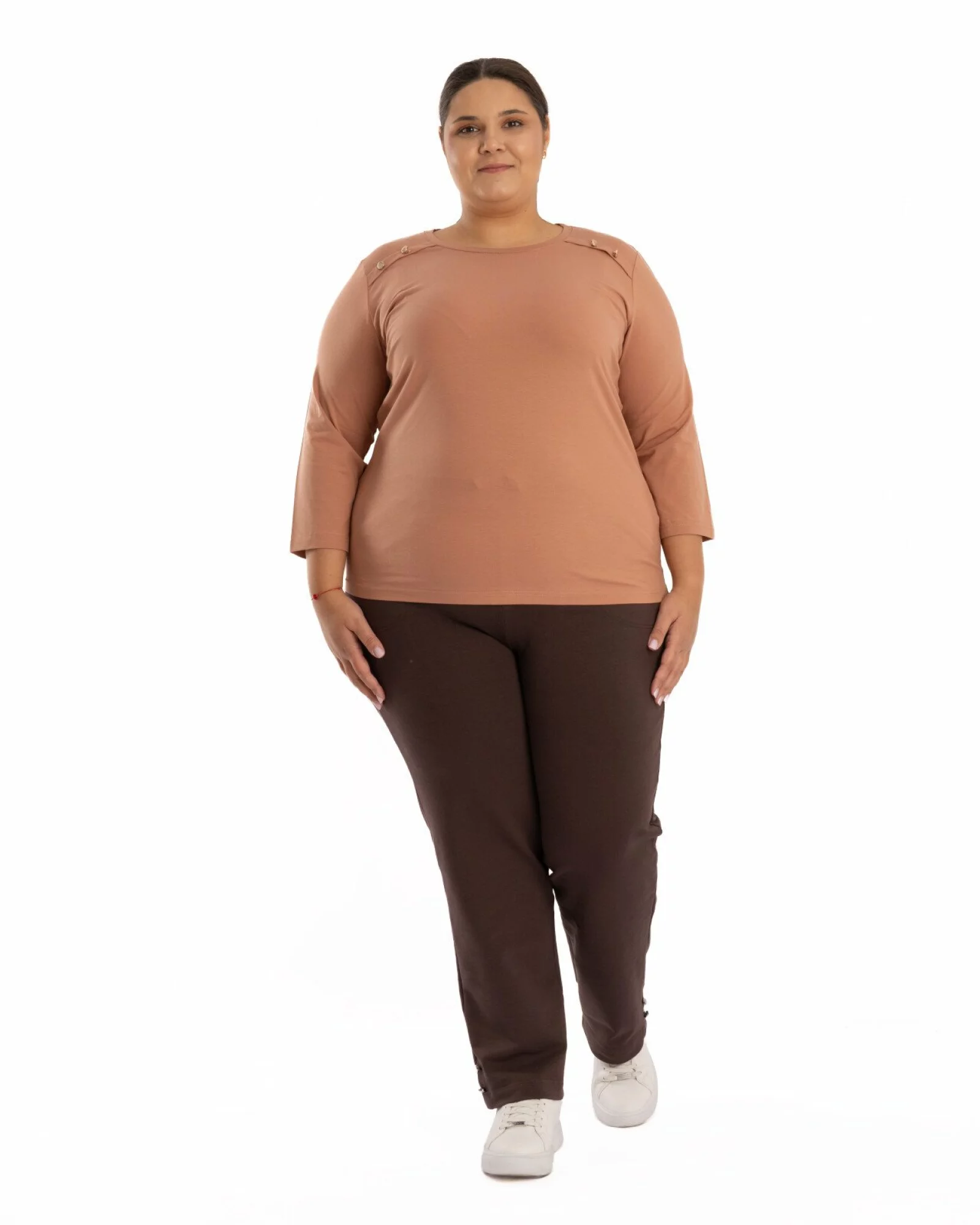 Pantaloni casual dama marimi mari maro inchis cu slit si nasturi P.2264