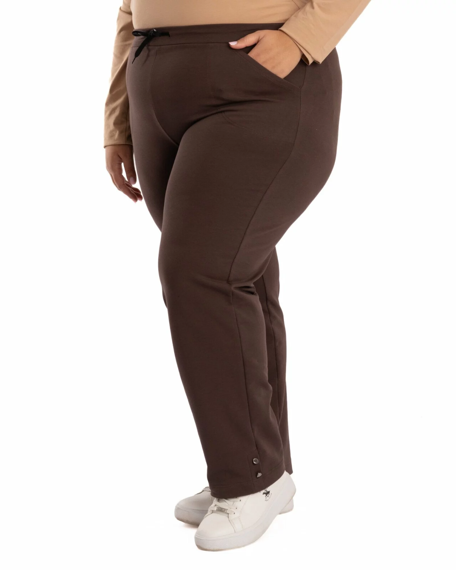 Pantaloni casual dama marimi mari maro inchis cu slit si nasturi P.2264
