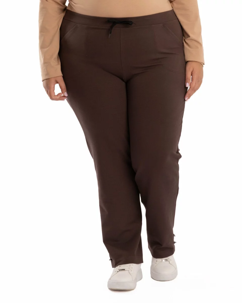 Pantaloni casual dama marimi mari maro inchis cu slit si nasturi P.2264